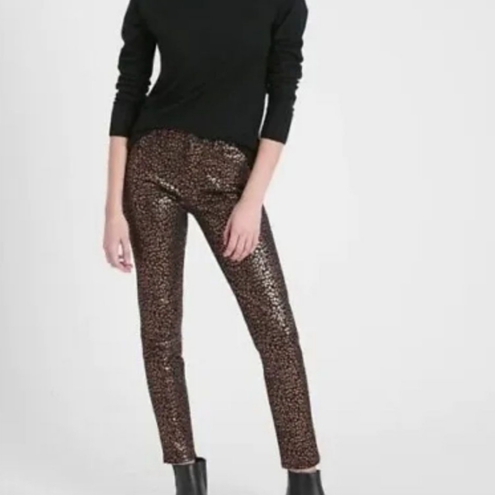 Metallic Leopard Print Skinny Jeans in Black & Rose Gold Stretch Denim